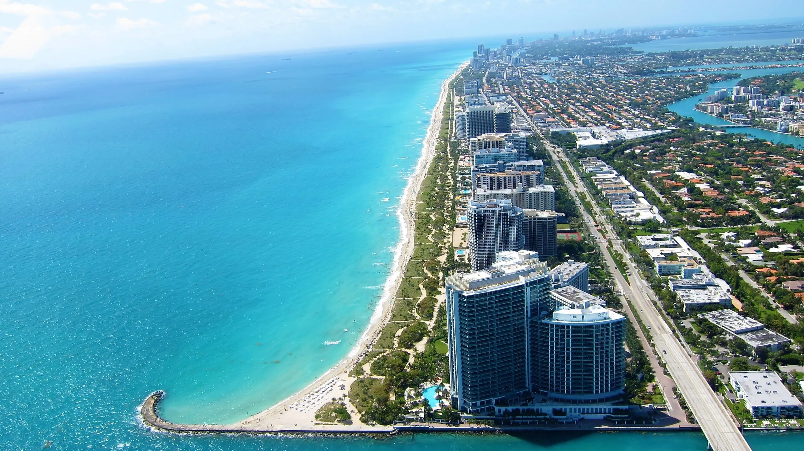 Aerial view of the Bal Harbour and Surfside shoreline, the Atlantic to one side and the Intracoastal to the other